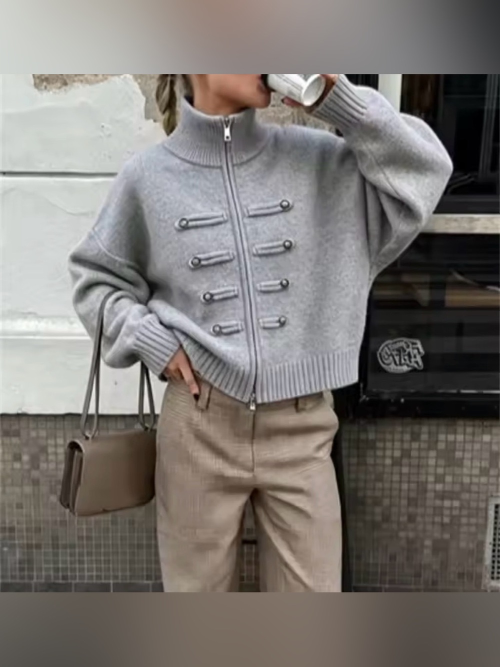 Gray Zip-Front Military Detail Women's sweater